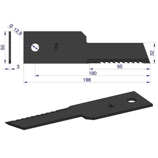 Nóż stały rozdrabniacz słomy sieczkarnia uzębiony 198x50x3mm otwór 13 zastosowanie 322291650 New Holland WARYŃSKI ( sprzedawane po 25 )