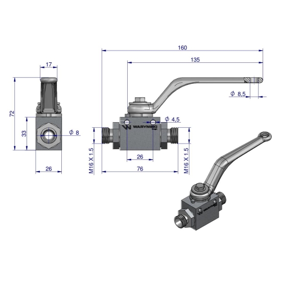 Zawór kulowy hydrauliczny 2-drogowy 2/2 M16x1.5 10L z otworami mocującymi 500 bar Waryński