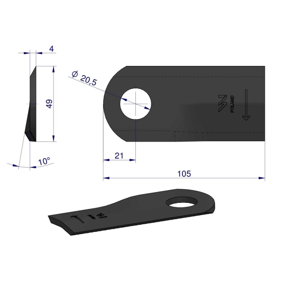 Nóż. nożyk kosiarka prawy 105x47x4mm otwór 20.5 zastosowanie 6802980 Kuhn WARYŃSKI ( sprzedawane po 25 )