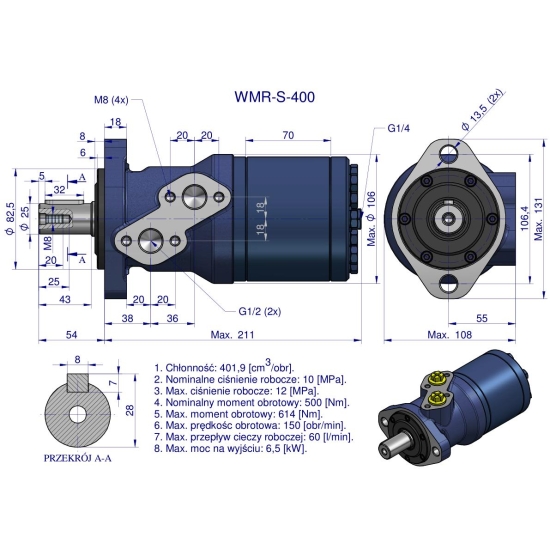 Silnik hydrauliczny orbitalny wzmacniany WMR-S 400 cm3/obr (100 bar / max.140 bar) Waryński