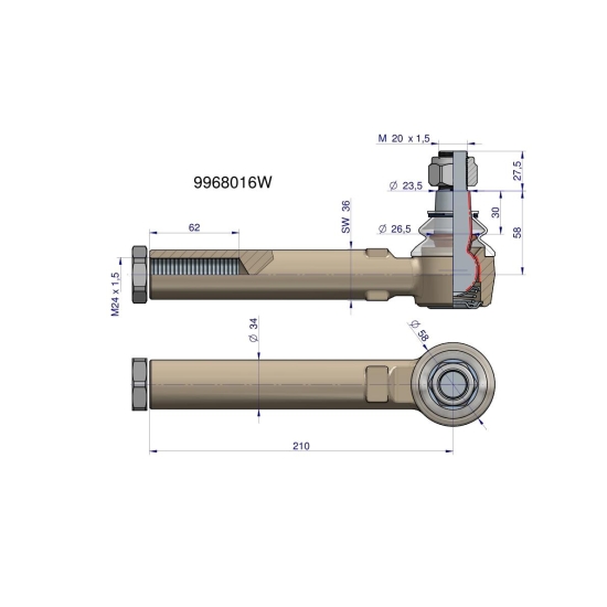 Przegub kierowniczy 210mm- M24x1,5 9968016 WARYŃSKI