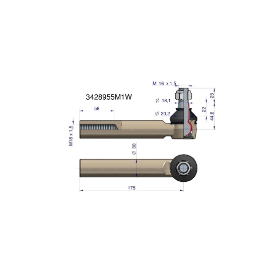 Przegub kierowniczy 175mm- M18x1,5 3428955M1 WARYŃSKI