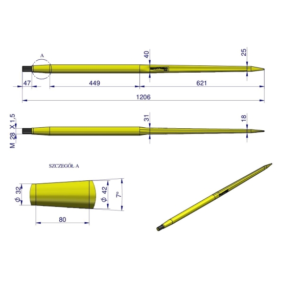 Ząb ładowacza CIĘŻKI uniwersalny prosty L- 1200 mm zastosowanie  5193-51563 Tur WARYŃSKI