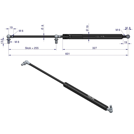 Siłownik szyby tylnej L max. 601mm 65499069 DIETEG. FRITZMEIER POLMO