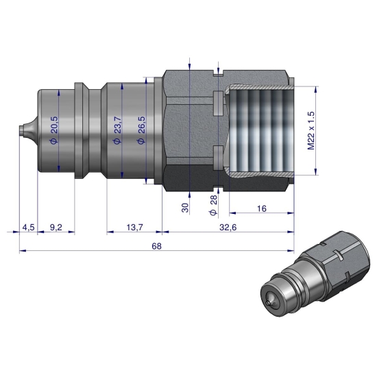 Szybkozłącze hydrauliczne wtyczka z eliminatorem ciśnienia M22x1.5 gwint wew. EURO (ISO 7241-A) Waryński