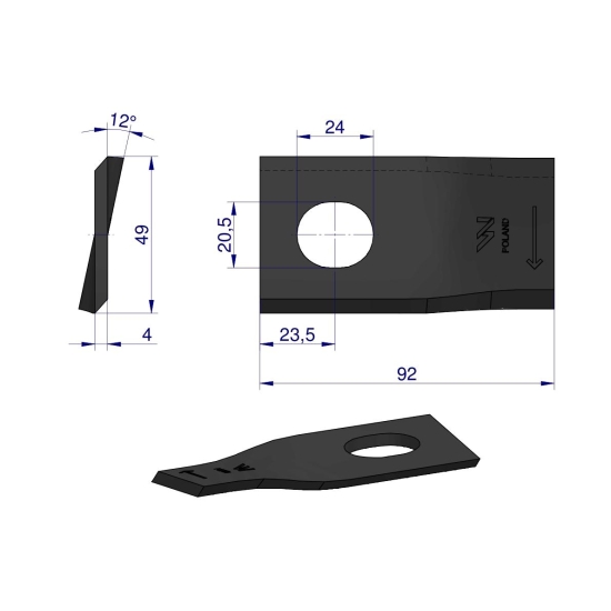 Nóż. nożyk kosiarka prawy 92x48x4mm otwór 20x24 zastosowanie 13800022 JF-Stoll WARYŃSKI ( sprzedawane po 25 )