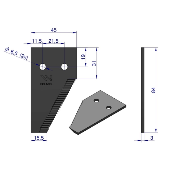 Nóż żniwny końcowy 84x45x3mm otwór 6.5 24 zęby zastosowanie 6112041 Claas WARYŃSKI ( sprzedawane po 25 )