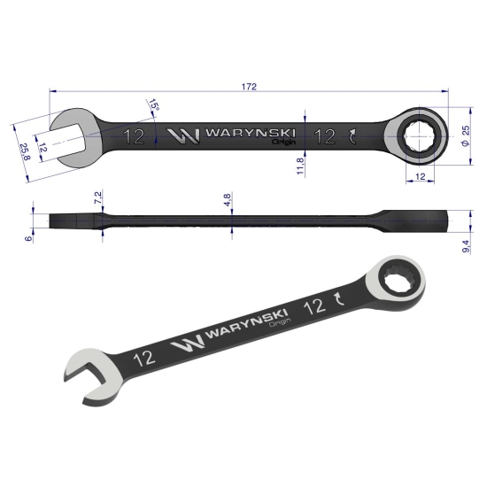 Klucz płasko-oczkowy 12 mm z grzechotką 72 zęby standard ASME B107-2010 Waryński