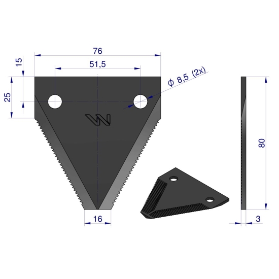 Nóż żniwny 80x76x3mm otwór 8.5 zastosowanie DIN11300. 316805. Schumacher WARYŃSKI ( sprzedawane po 25 )