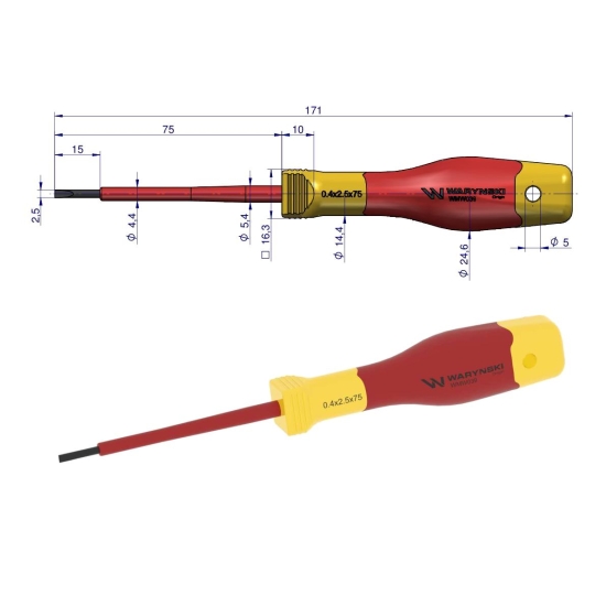 Wkrętak płaski. izolowany 2.5 x 75 mm. VDE. stal S2, Waryński
