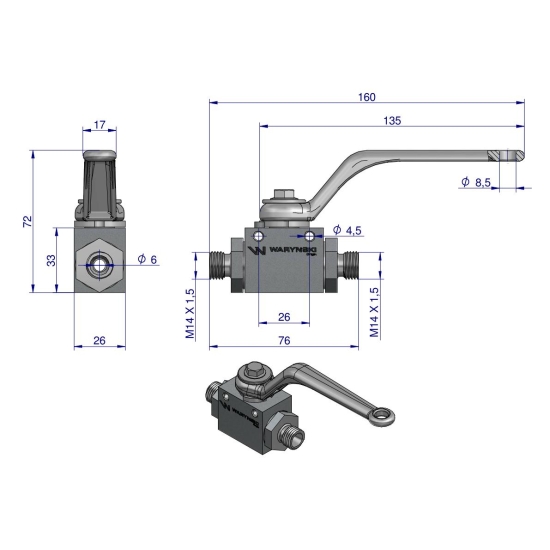 Zawór kulowy hydrauliczny 2-drogowy 2/2 M14x1.5 08L z otworami mocującymi 500 bar Waryński