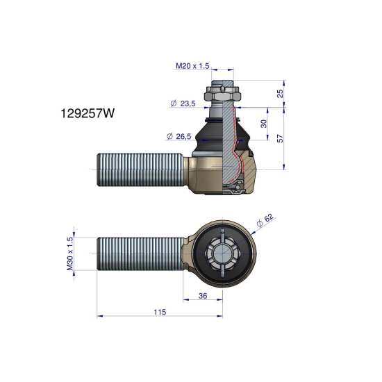 Przegub kierowniczy M30x1.5 129257 WARYŃSKI