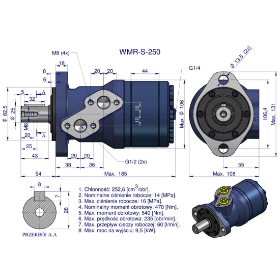 Silnik hydrauliczny orbitalny wzmacniany WMR-S 250 cm3/obr (140 bar / max.180 bar) Waryński