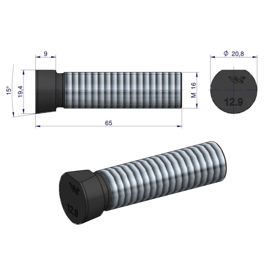 Śruba kpl. płużna oval z jednej strony ścięta M16x65 mm kl.12.9 zastosowanie Kverneland Waryński M16X65OV1 ( sprzedawane po 10 )