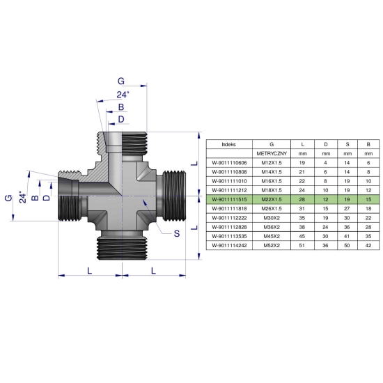 Czwórnik hydrauliczny metryczny BBBB M22x1.5 15L Waryński