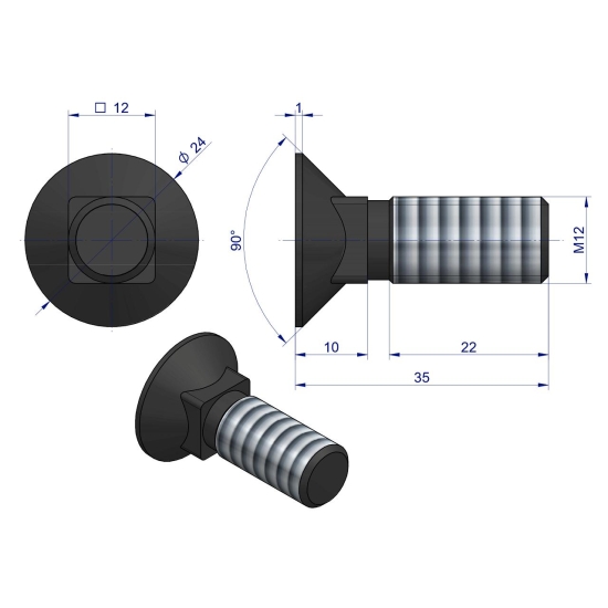 Śruba kpl. płużna podsadzana D 608 M12x35 mm kl.10.9 Waryński ( sprzedawane po 25 )