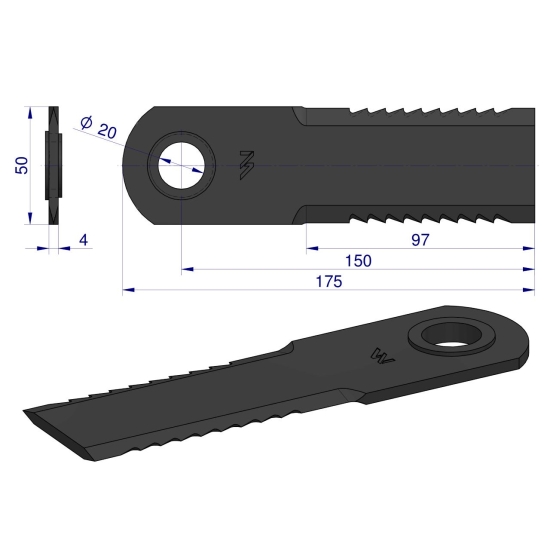 Nóż obrotowy rozdrabniacz słomy sieczkarnia uzębiony 173x50x4mm otwór 20 z tuleją zastosowanie 755784.1 Claas Lexion WARYŃSKI ( sprzedawane po 25 )