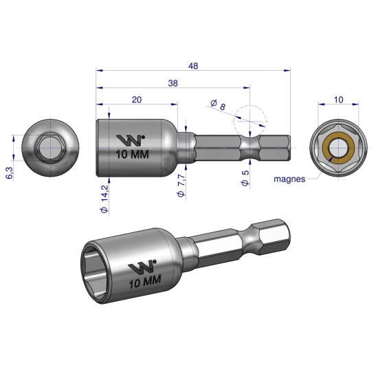 Nasadka 10mm z uchwytem narzędziowym do wkretarki długość 48 mm Waryński