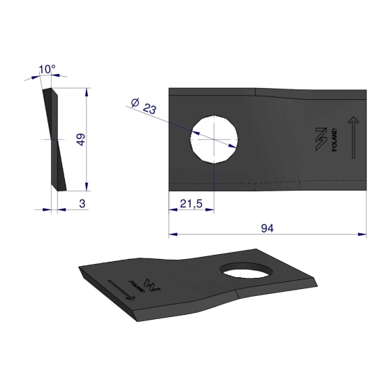 Nóż. nożyk kosiarka lewy 94x48x3mm otwór 23 zastosowanie T673L Mortl WARYŃSKI ( sprzedawane po 25 )