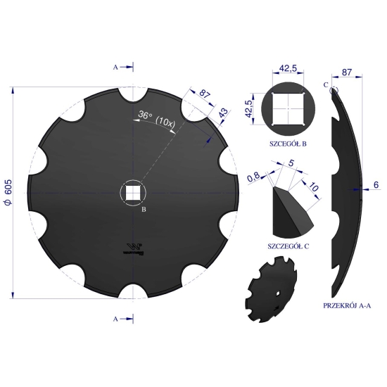 Talerz uzębiony Z-10 fi 610 otwór 40x40 grubość 6 mm stal borowa WARYŃSKI R