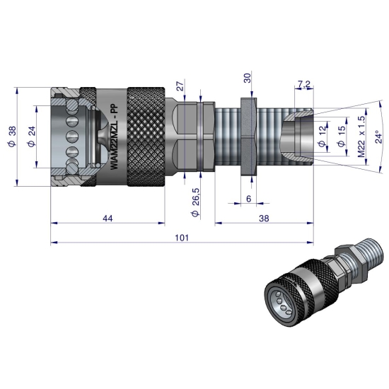 Szybkozłącze hydrauliczne gniazdo long M22x1.5 gwint zewnętrzny EURO PUSH-PULL (9100822GL) (ISO 7241-A) Waryński