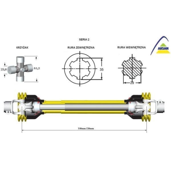 Wał przegubowo-teleskopowy wałek wielowypustowy frezowany 510-720mm 250Nm 40210 CE seria 2 AKSAN