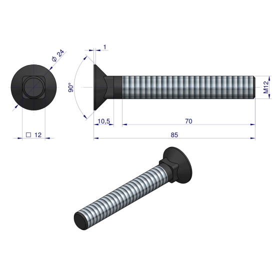 Śruba kpl. płużna podsadzana D 608 M12x85 mm kl.10.9 Waryński ( sprzedawane po 25 )