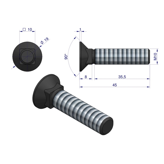 Śruba kpl. płużna podsadzana D 608 M10x45 mm kl.10.9 Waryński ( sprzedawane po 25 )