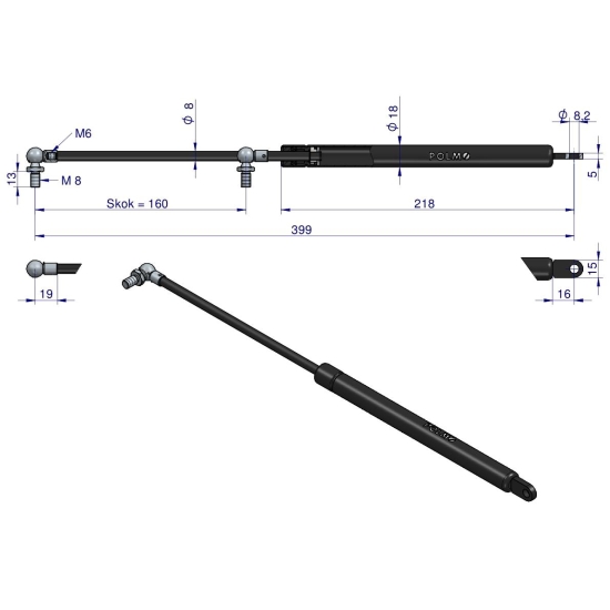 Siłownik szyby przedniej. tylnej L max. 399mm 65499074 FRITZMEIER POLMO