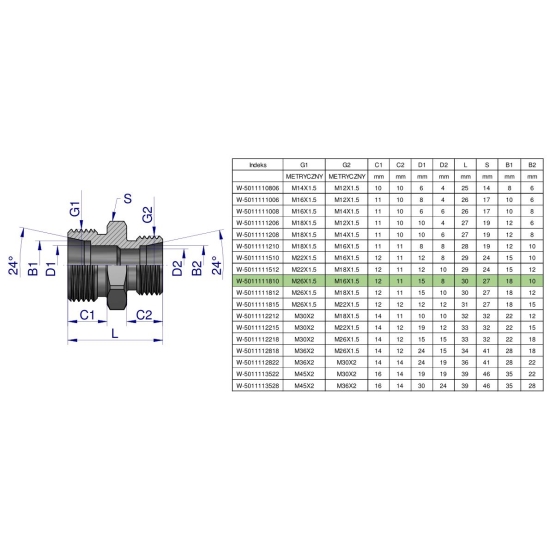 Złączka hydrauliczna redukcyjna metryczna BB M26x1.5 18L / M16x1.5 10L (XG) Waryński ( sprzedawane po 2 )