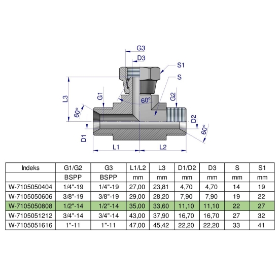 Trójnik hydrauliczny symetryczny calowy BAB 1/2" BSP (XEVT) Waryński