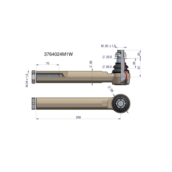 Przegub kierowniczy 258mm- M24x1,5 3764024M1 WARYŃSKI