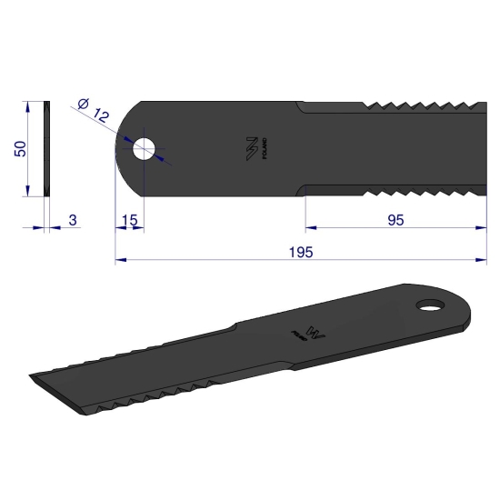 Nóż stały rozdrabniacz słomy sieczkarnia 195x50x3mm otwór 12 zastosowanie 746813 Claas WARYŃSKI ( sprzedawane po 25 )