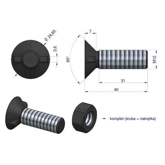 Śruba kpl. płużna dwunoskowa większy łeb M12x40 mm kl.12.9 Waryński ( sprzedawane po 25 )