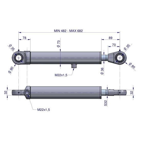 Cylinder hydrauliczny - siłownik dwustronny CJ2F-63/36/200 (90 stopni) Waryński