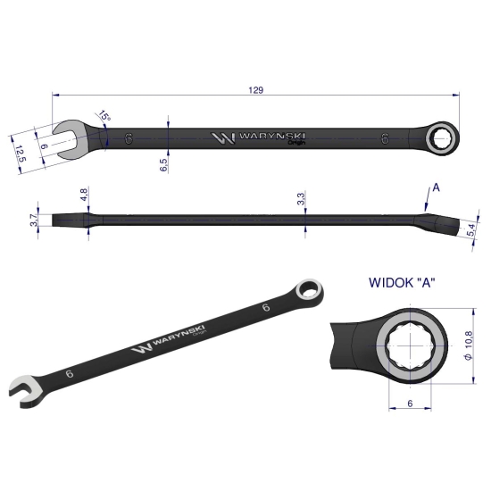 Klucz płasko-oczkowy 6 mm. CrV standard ASME B107-2010 Waryński