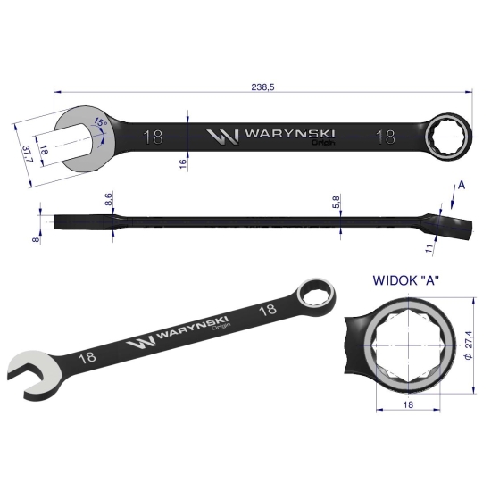 Klucz płasko-oczkowy 18 mm. CrV  standard ASME B107-2010 Waryński