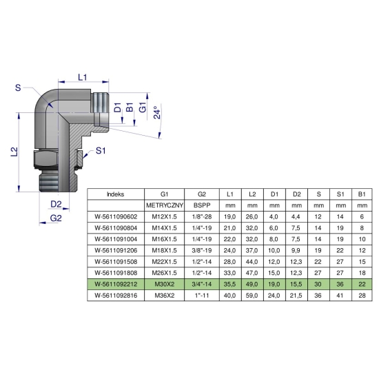 Kolanko hydrauliczne nastawne BB M30x2 22L x 3/4"BSP z regulacją Waryński