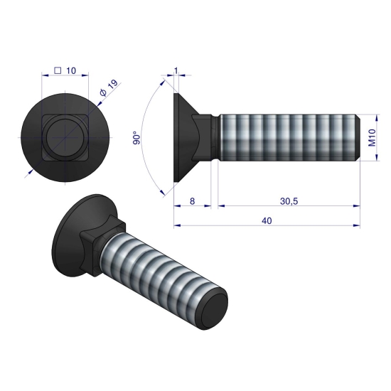 Śruba kpl. płużna podsadzana D 608 M10x40 mm kl.10.9 Waryński ( sprzedawane po 25 )