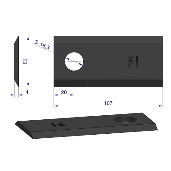 Nóż, nożyk kosiarka 107X50X4mm otwór 18.25 zastosowanie XD 570 PZ Vicon Kverneland WARYŃSKI ( sprzedawane po 25 )