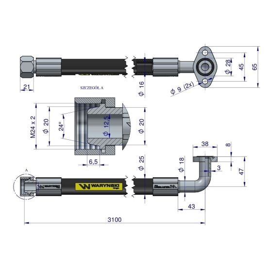 Przewód hydrauliczny 250 bar DN16-2SN kątowa 90 kryza (5050900130; 5050900050) długi do Bizon 25.0MPa Waryński