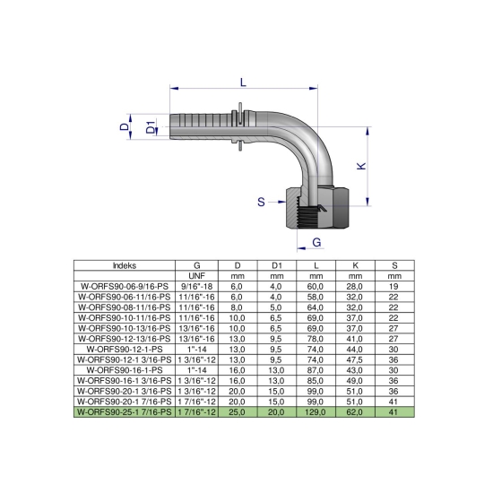 Zakucie hydrauliczne ORFS90 DN25 1 7/16-12 PREMIUM Waryński