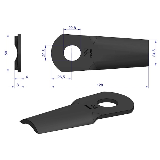 Nóż. nożyk kosiarka gięty 128X50X4mm otwór 20.5x22.8 zastosowanie 561103000 Kvereland Taarup WARYŃSKI ( sprzedawane po 25 )