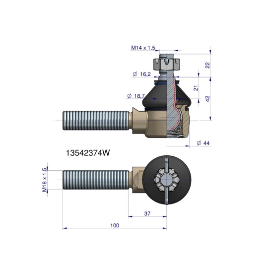 Przegub kierowniczy 100mm- M18x1,5 13542374 WARYŃSKI