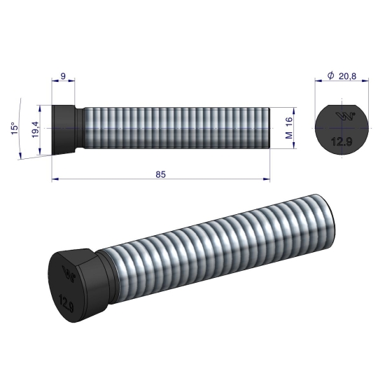 Śruba kpl. płużna oval z jednej strony ścięta M16x85 mm kl.12.9 zastosowanie Kverneland Waryński M16X85OV1 ( sprzedawane po 10 )