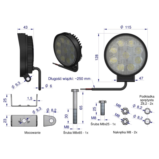 Lampa robocza okrągła 27W 9 LED GLANZ