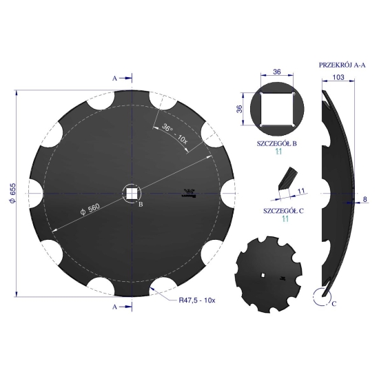 Talerz uzębiony Z-10 fi 660 otwór 35x35 stal borowa 8mm Waryński