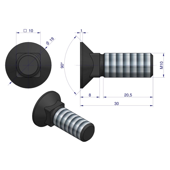 Śruba płużna podsadzana D 608 M10x30 mm kl.10.9 Waryński ( sprzedawane po 10kg )