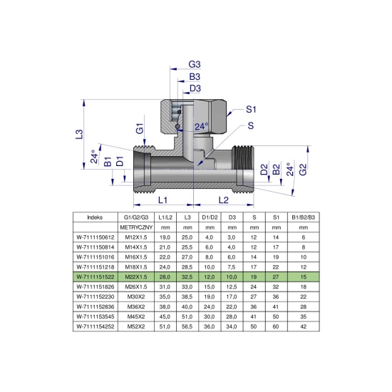 Trójnik hydrauliczny symetryczny metryczny BAB M22x1.5 15L (XEVT) Waryński ( sprzedawane po 5 )