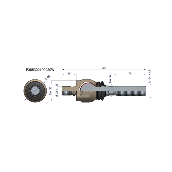 Przegub kierowniczy 205mm- M22x1,5; M24x1,5 F385300100020, F339300020290  WARYŃSKI